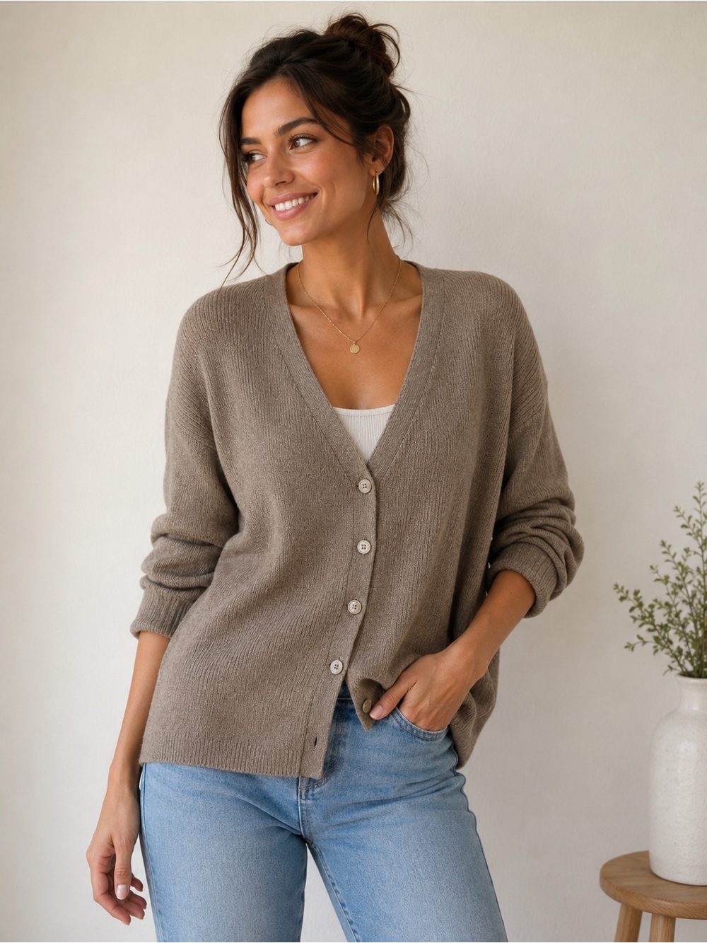 Vintage Brown V-Neck Button Cardigan Sweater